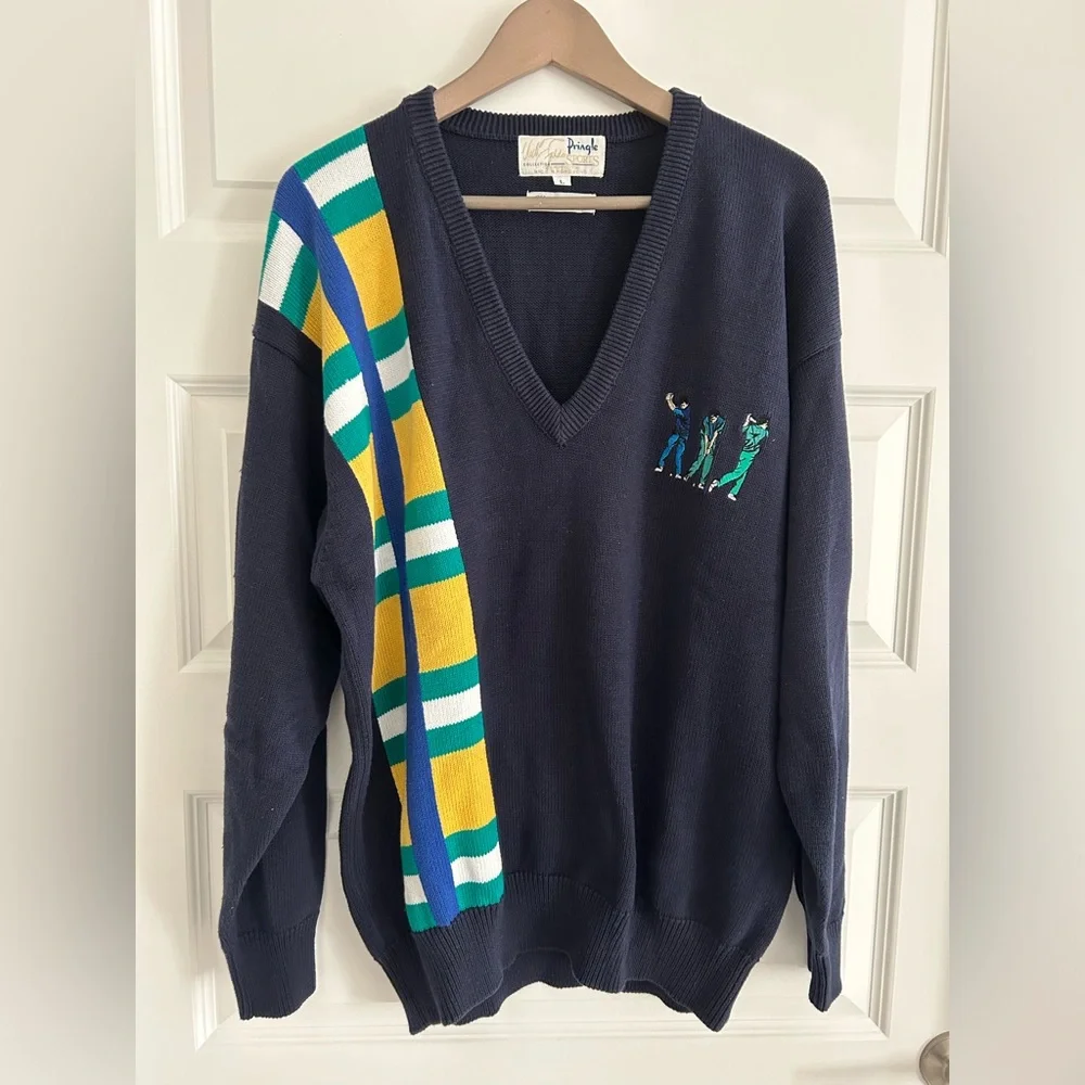 Pringle Vintage Men’s Golf Sweater Navy Blue Yellow Size L